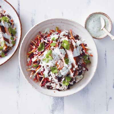 Sweet & Smoky Pork With Black Beans, Rice and Rainbow Slaw