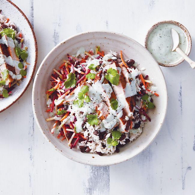 Sweet & Smoky Pork With Black Beans, Rice And Rainbow Slaw