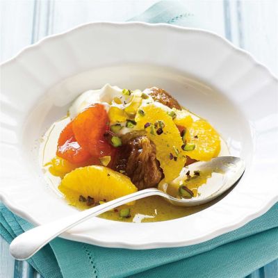 Poached Fruits with Honey Yoghurt & Pistachios