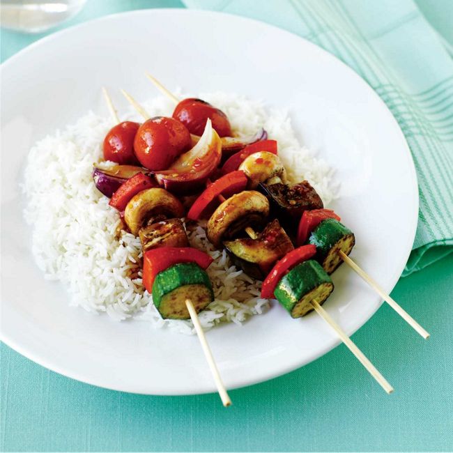 Vegetable Skewers with Steamed Rice