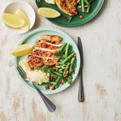 Speedy Lemon Pepper Chicken With Mash & Bacon Beans