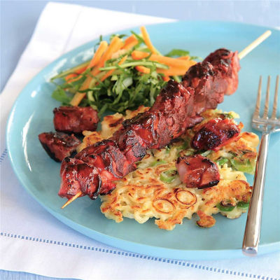 Chicken Kebabs with Noodle Pancakes
