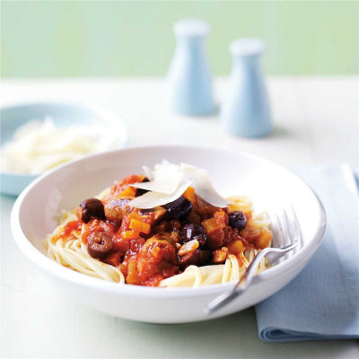 Pasta with Spicy Sausage & Olives