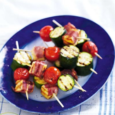 Haloumi, Prosciutto, Zucchini & Tomato Skewers