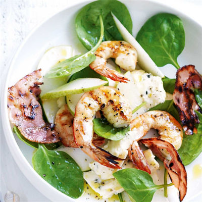 Barbecue Prawns with Pear, Spinach, Blue Cheese & Pancetta Salad