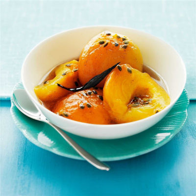Poached Peaches with Passionfruit Toffee