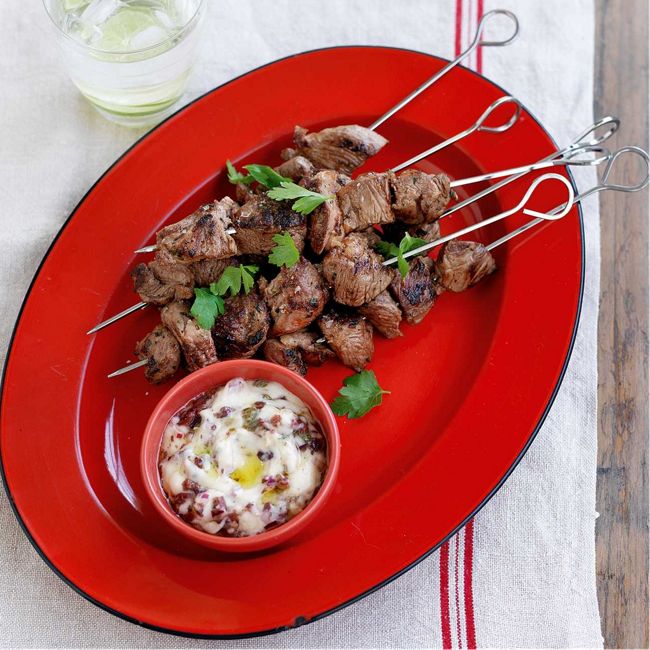 Curried Lamb Kebabs with Rice Salad & Tahini Dressing