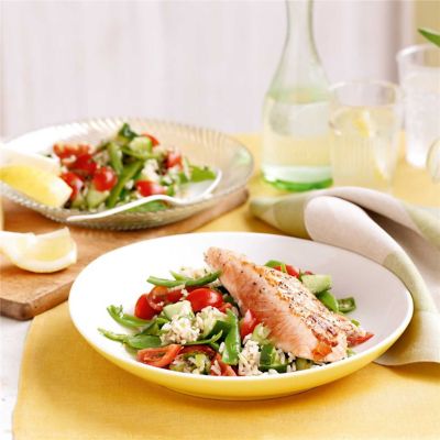 Grilled Salmon with Brown Rice & Snow Peas