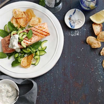 BBQ Salmon with Cucumber & Spiced Yoghurt