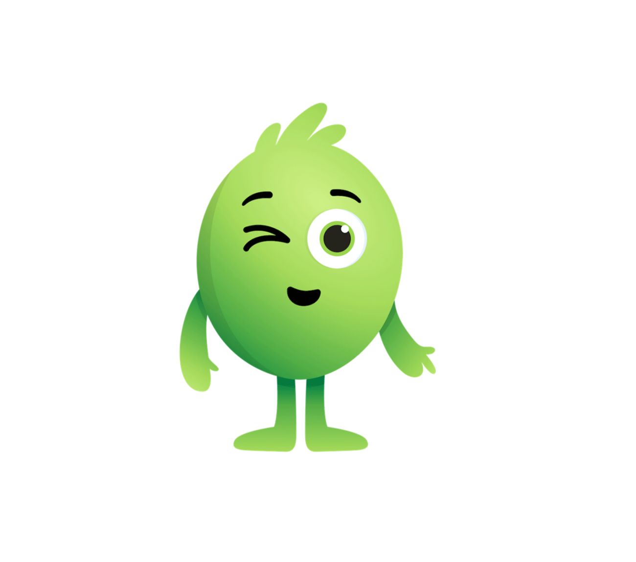 A green, oval-shaped cartoon character winking and smiling.