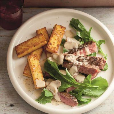 Steak with Mushroom Sauce & Polenta Chips