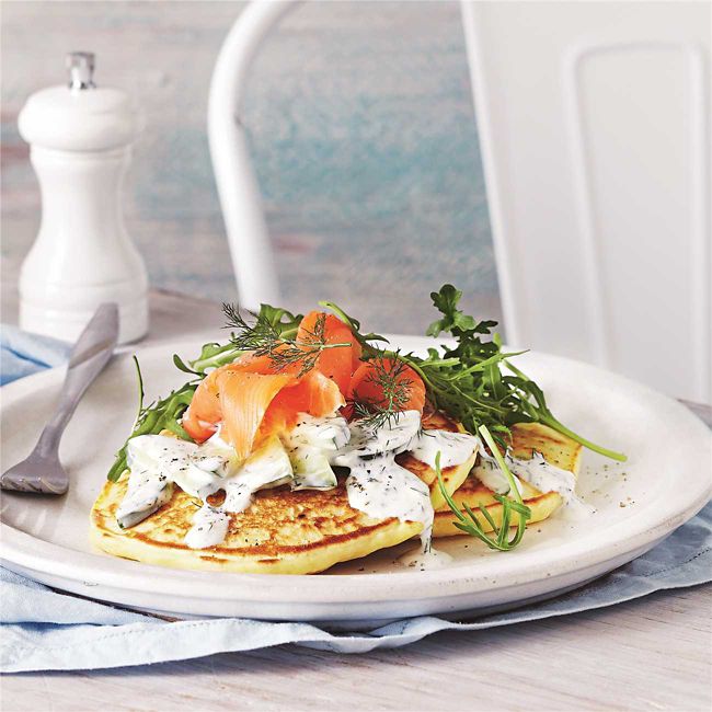 Pancakes with Salmon, Cucumber & Dill Salad