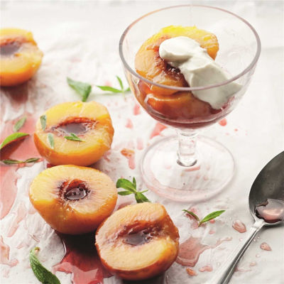 Poached Peaches with Vanilla & Mint