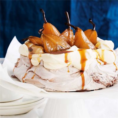 Choc Pavlova with Poached Pears & Caramel Sauce