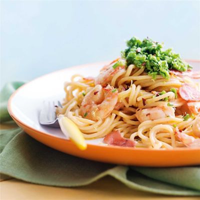 Prawn Pasta with Lemon & Pea Gremolata