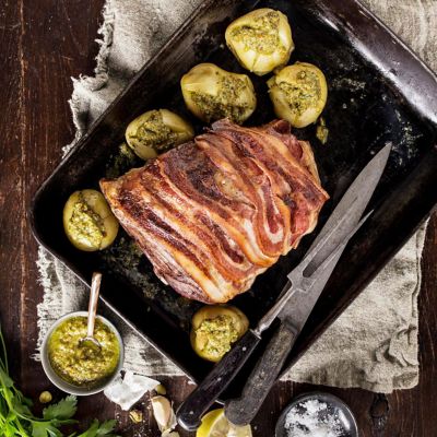 Lamb Roast with Streaky Bacon & Pistachio Dressing
