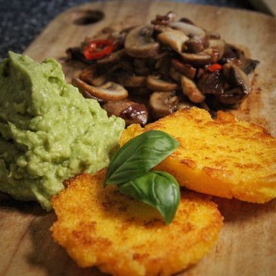 Polenta Hot Cakes with Mushies & Lime Avo Mash