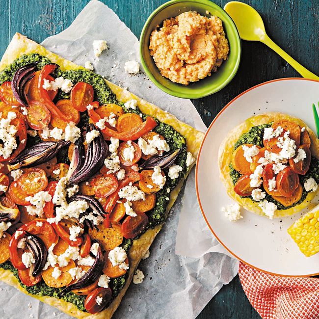 Roasted Sweet Potato, Tomato & Pesto Tart