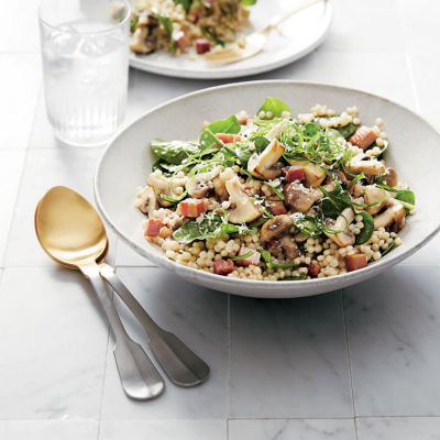 Pearl Couscous with Mushrooms, Spinach and Pancetta