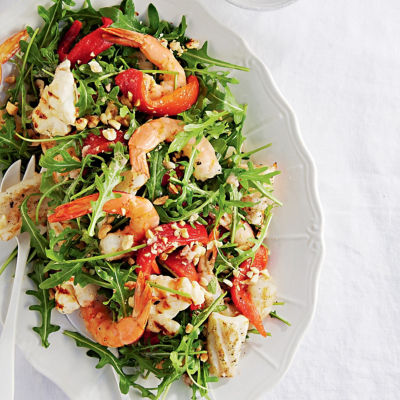 Barbecued Seafood Salad With Rocket, Capsicum & Hazelnuts