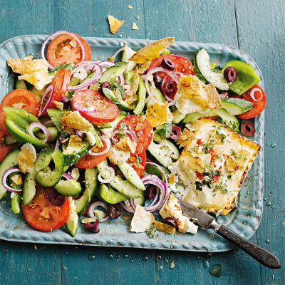Greek Salad With Baked Feta & Pita Crisps