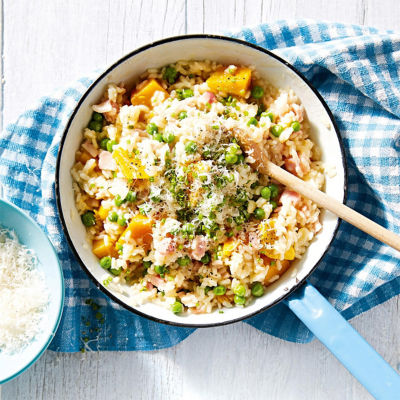 Quick Risotto With Bacon, Pumpkin & Peas