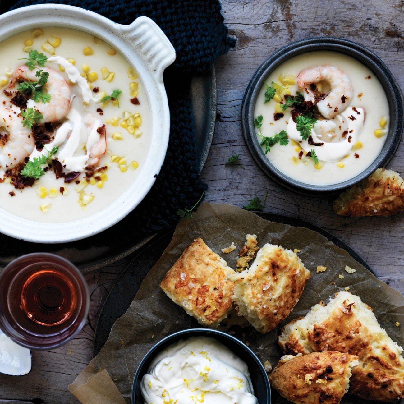 Australian Prawn & Sweet Corn Chowder with Cheddar Scones