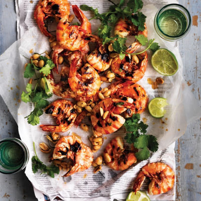 Grilled Australian Prawns with Coriander and Candied Lime Peanuts