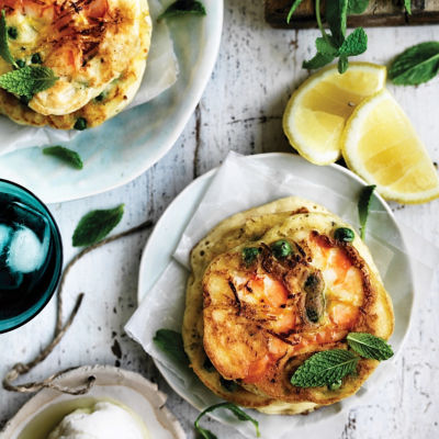 Pea & Australian Prawn Fritters with Labne & Mint