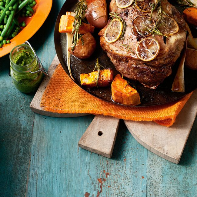 Roast lamb with vegetables and rocket pesto 