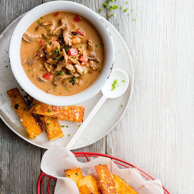 Stroganoff Soup with Polenta Toast