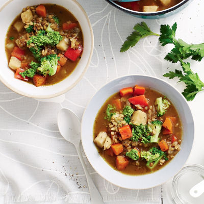 Vegan Barley, Lentil & Vegetable Soup With Parsley Pesto