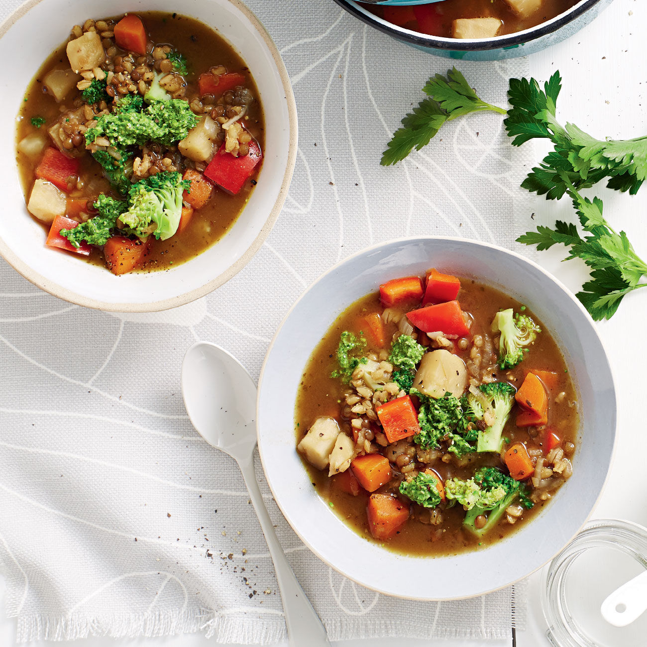 Vegan Barley, Lentil & Vegetable Soup With Parsley Pesto Recipe ...