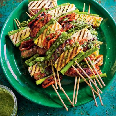 Asparagus, Chorizo & Haloumi Skewers With Herb Oil