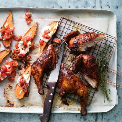 Butterflied Chicken With Sweet Potatoes & Tomatoes