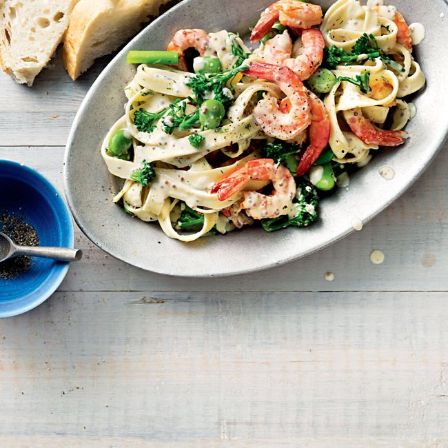 Fettuccine With Prawns, Broad Beans, Dill & Crème Fraîche