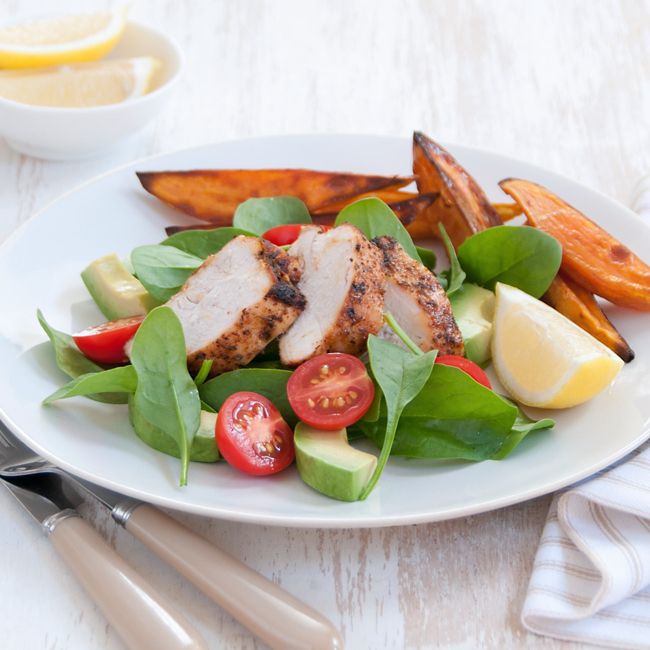 Cajun Chicken With Sweet Potato Wedges And Avocado Salad