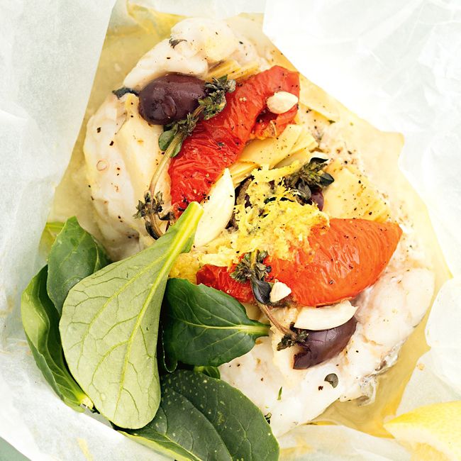 Steamed Fish, Olive & Herb Parcels
