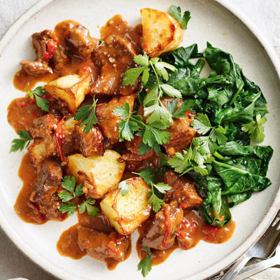 Beef Goulash With Roasted Potatoes & Buttered Spinach