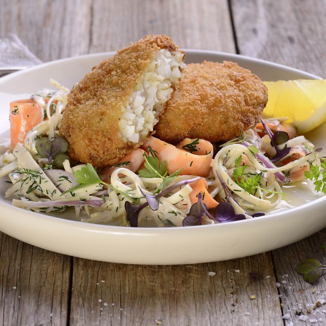 Ocean Chef Barramundi Fish Cakes With A Celeriac & Carrot Salad