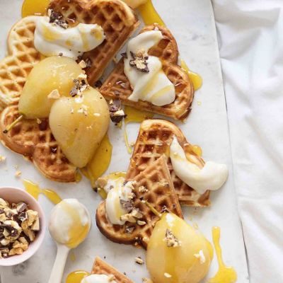 Waffles With Poached Pear & Yoghurt