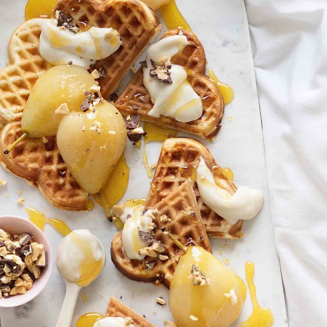 Waffles with Poached Pear & Yoghurt