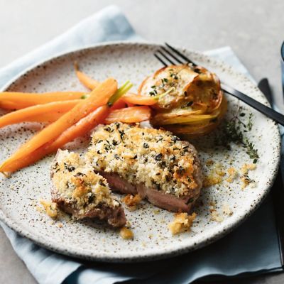 Garlic & Herb Crusted Pork Steaks with Roast Potato Stacks