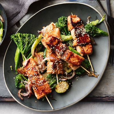 Gingered Salmon Skewers with Warm Vegetable Salad