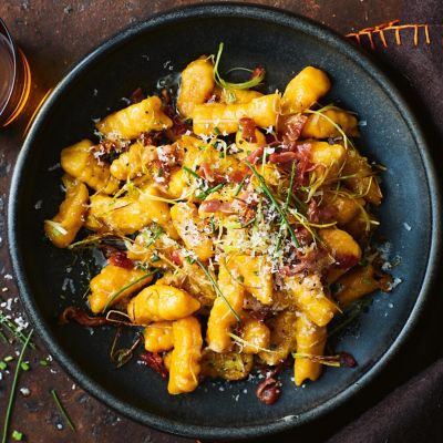 Roast Pumpkin Gnocchi With Crisp Prosciutto, Leek & Chives