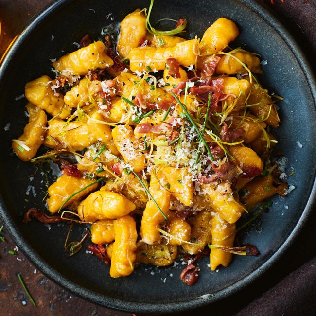 Roast Pumpkin Gnocchi With Crisp Prosciutto, Leek & Chives