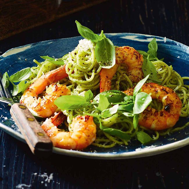 Angel Hair Spaghetti With Pesto And Prawns