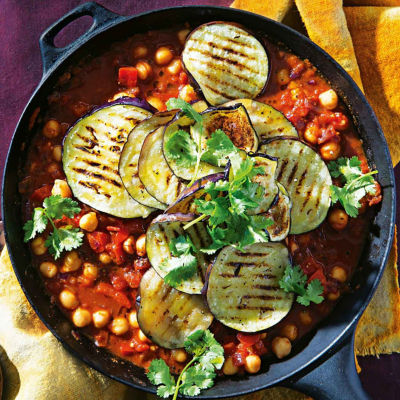 Spiced Chickpeas With Eggplant & Harissa