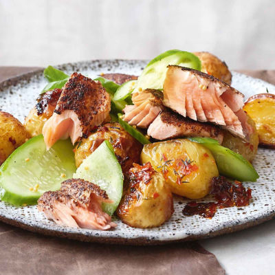 Spiced Salmon With Chilli Potatoes & Cucumber Pickle