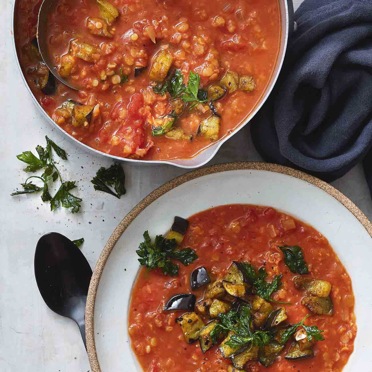 Tomato and Lentil Soup With Spiced Eggplant